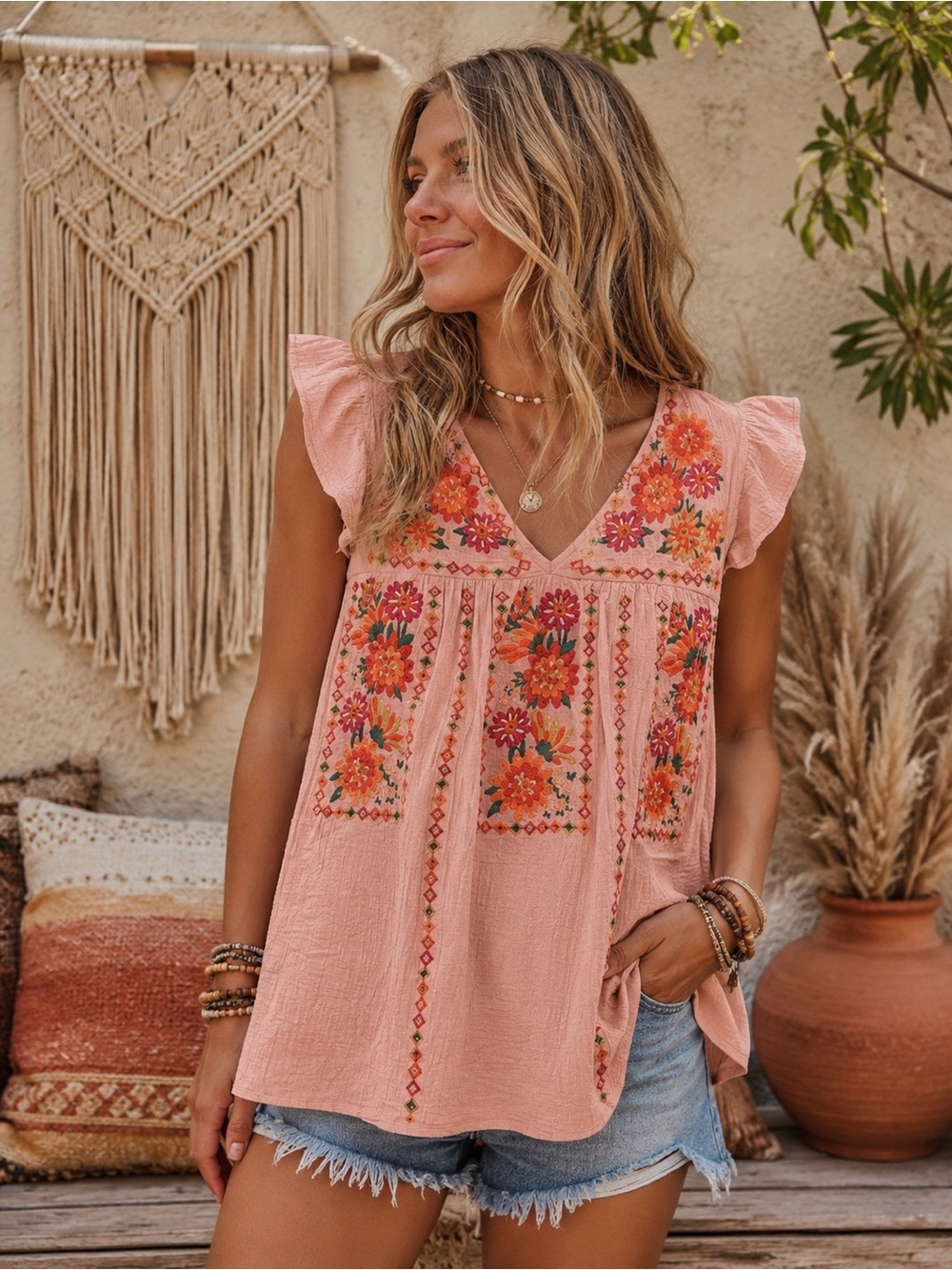 Savanna Jane Pink Floral Embroidered Shirt Women’s Small